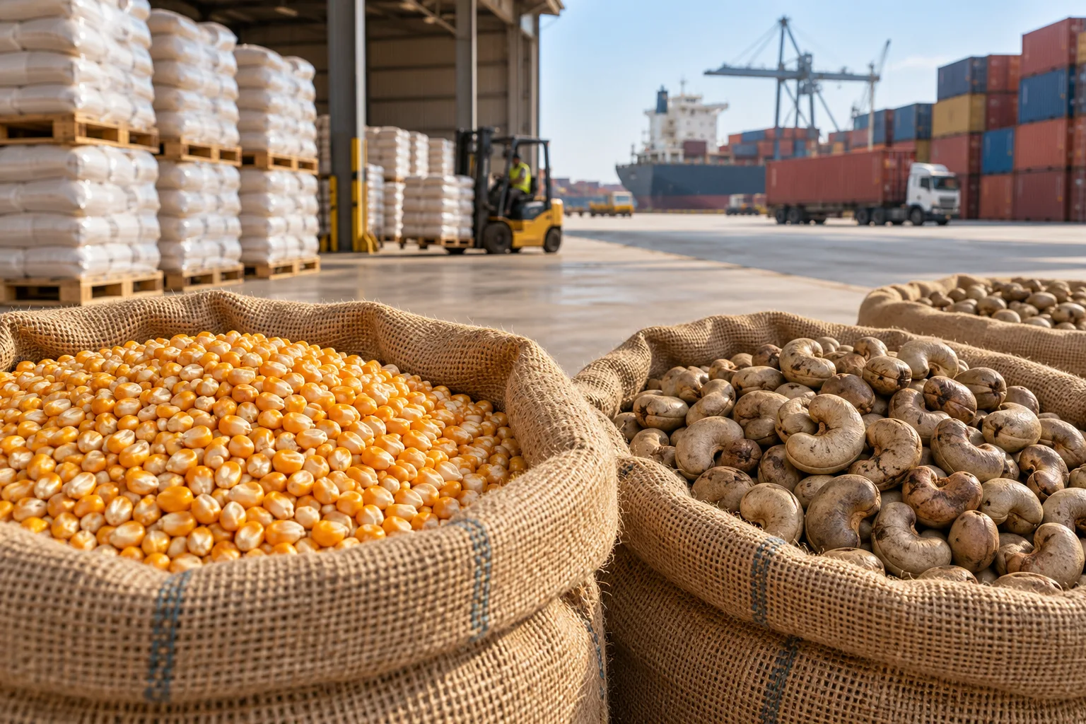 Cereais e castanha de caju em armazém — imagem ilustrativa